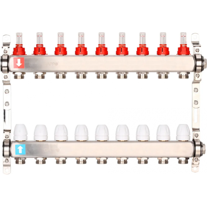 Коллектор регулируемый с расходомерами GAPPO 9-вых. x1"x3/4" G424.9